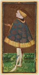 Der Münzbube, Faksimile einer Tarotkarte aus dem „Visconti“-Deck, 1441-47